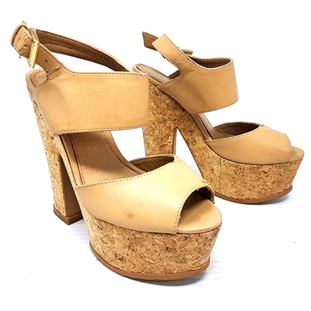 Aldo Cork Pkatforms Peep‎ Toe Sandals Beige Leather Chunky Heel 6.5